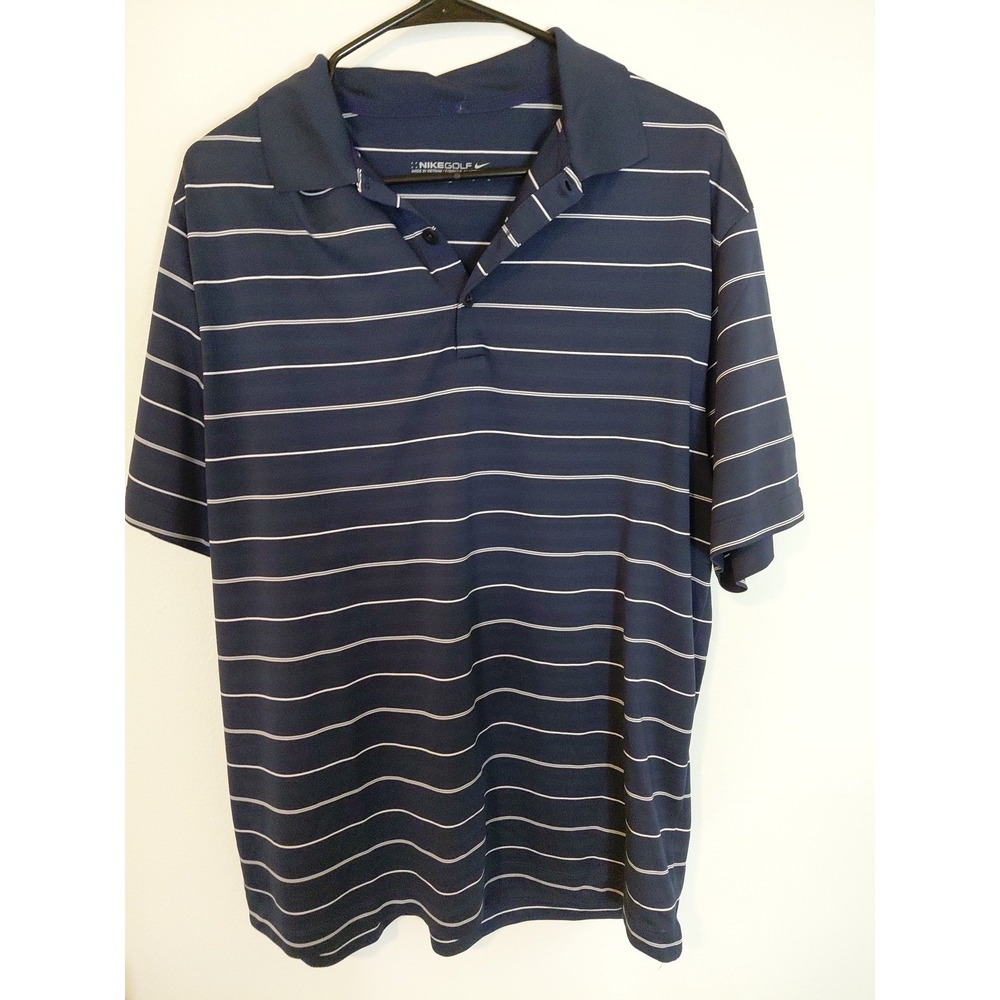 Nike Mens Dri Fit Golf Polo Collared Shirt Size L Navy Blue Striped Light Weight